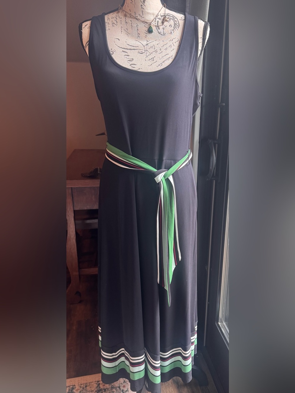 White House Black Market Black Midi Dress with Green Striped Tie